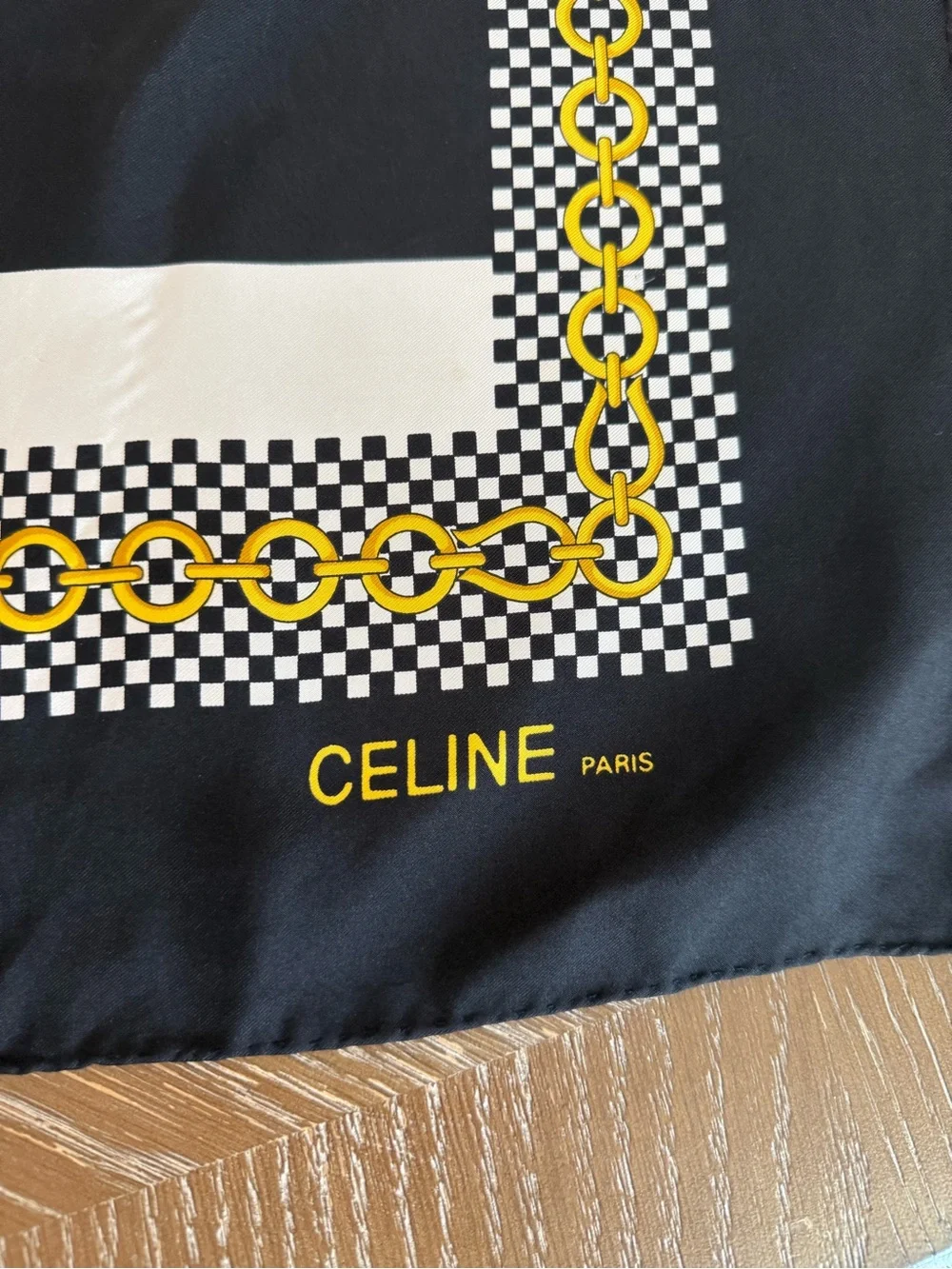 Celine Silk Scarf Navy White Yellow Hand Rolled Made in France